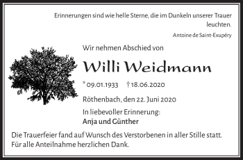 Traueranzeige von Willi Weidmann von Frankenpost