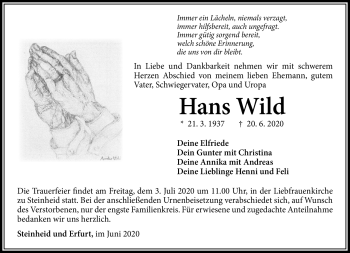 Traueranzeige von Hans Wild von Südthüringer Presse