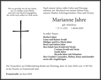 Traueranzeige von Marianne Jahre von Südthüringer Presse