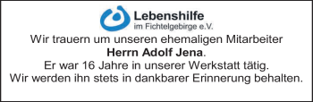 Traueranzeige von Adolf Jena von Frankenpost