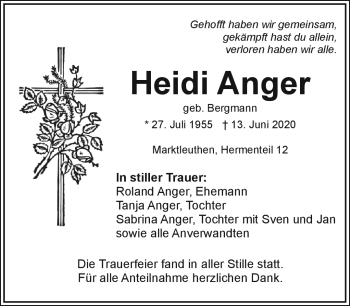 Traueranzeige von Heidi Anger von Frankenpost