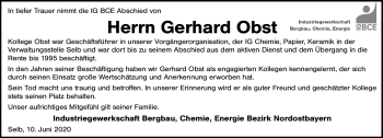 Traueranzeige von Gerhard Obst von Frankenpost