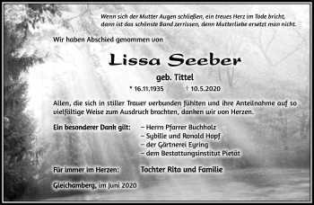 Traueranzeige von Lissa Seeber von Südthüringer Presse
