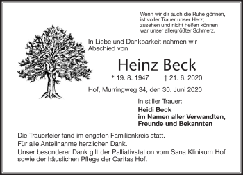Traueranzeige von Heinz Beck von Frankenpost