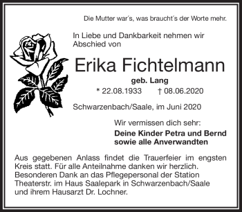 Traueranzeige von Erika Fichtelmann von Frankenpost