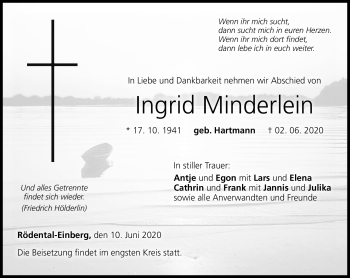 Traueranzeige von Ingrid Minderlein von Neue Presse Coburg