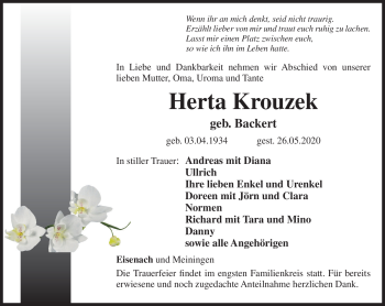 Traueranzeige von Herta Krouzek von Südthüringer Presse