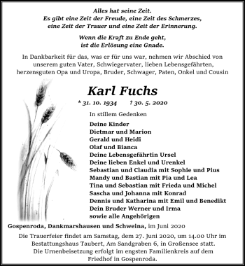 Traueranzeige von Karl Fuchs von Südthüringer Presse