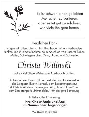 Traueranzeige von Christa Wilinski von Südthüringer Presse