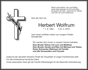Traueranzeige von Herbert Wolfrum von Frankenpost