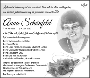 Traueranzeige von Anna Schönfeld von Südthüringer Presse