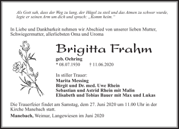 Traueranzeige von Brigitta Frahm von Südthüringer Presse