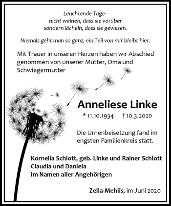 Traueranzeige von Anneliese Linke von Südthüringer Presse