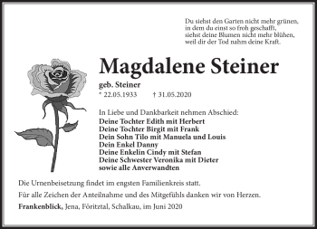 Traueranzeige von Magdalene Steiner von Südthüringer Presse