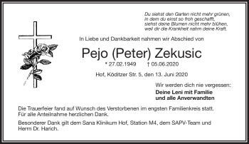 Traueranzeige von Pejo Zekusic von Frankenpost