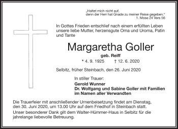 Traueranzeige von Margarethe Goller von Frankenpost