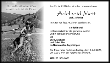 Traueranzeige von Adelheid Mett von Südthüringer Presse