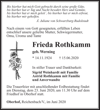 Traueranzeige von Frieda Rothkamm von Südthüringer Presse