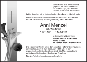 Traueranzeige von Anni Menzel von Frankenpost