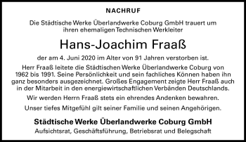 Traueranzeige von Hans-Joachim Fraaß von Neue Presse Coburg