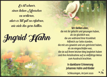 Traueranzeige von Ingrid Hahn von Südthüringer Presse