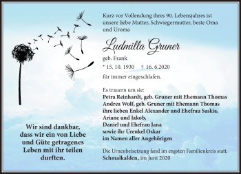 Traueranzeige von Ludmilla Gruner von Südthüringer Presse