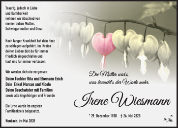 Traueranzeige von Irene Wiesmann von Südthüringer Presse