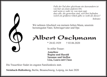 Traueranzeige von Albert Oschmann von Südthüringer Presse