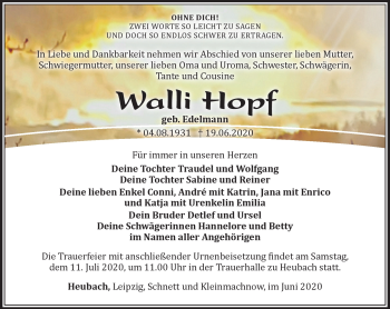 Traueranzeige von Walli Hopf von Südthüringer Presse
