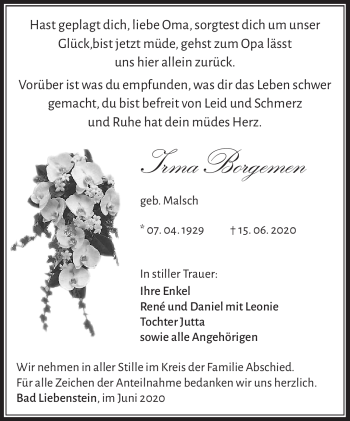 Traueranzeige von Irma Borgemen von Südthüringer Presse