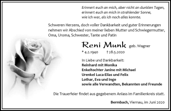 Traueranzeige von Reni Munk von Südthüringer Presse