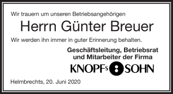 Traueranzeige von Günter Breuer von Frankenpost