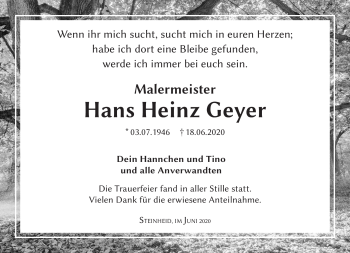Traueranzeige von Hans Heinz Geyer von Südthüringer Presse