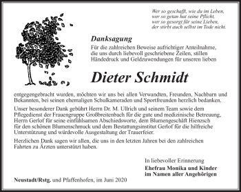 Traueranzeige von Dieter Schmidt von Südthüringer Presse