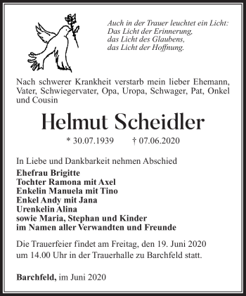 Traueranzeige von Helmut Scheidler von Südthüringer Presse