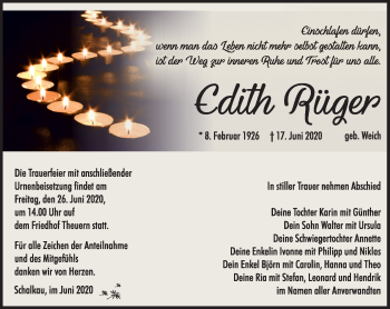 Traueranzeige von Edith Rüger von Südthüringer Presse