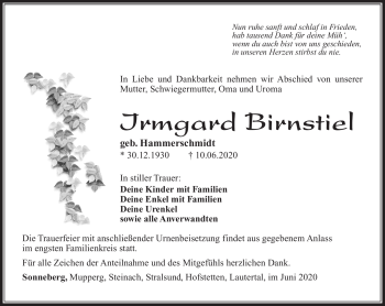 Traueranzeige von Irmgard Birnstiel von Südthüringer Presse