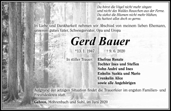 Traueranzeige von Gerd Bauer von Südthüringer Presse