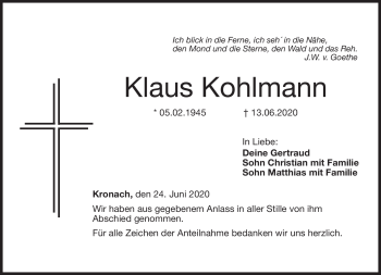 Traueranzeige von Klaus Kohlmann von Neue Presse Coburg