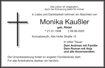 Traueranzeige von Monika Kaußler von Frankenpost