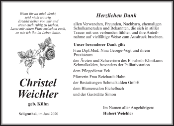Traueranzeige von Christel Weichler von Südthüringer Presse