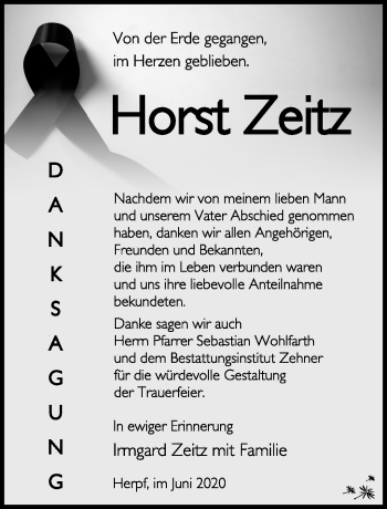 Traueranzeige von Horst Zeitz von Südthüringer Presse