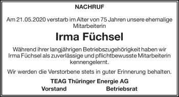 Traueranzeige von Irma Füchsel von Südthüringer Presse