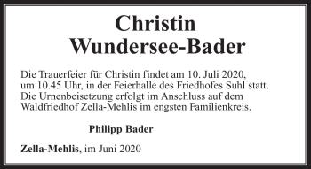 Traueranzeige von Christin Wundersee-Bader von Südthüringer Presse