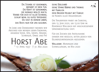 Traueranzeige von Horst Abe von Südthüringer Presse
