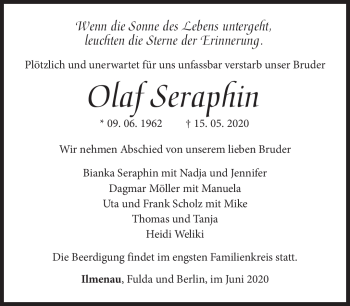 Traueranzeige von Olaf Seraphin von Südthüringer Presse
