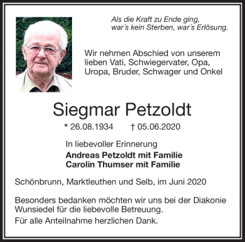 Traueranzeige von Siegmar Petzold von Frankenpost