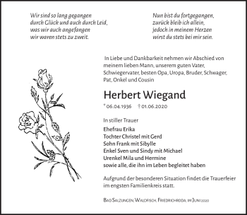 Traueranzeige von Herbert Wiegand von Südthüringer Presse