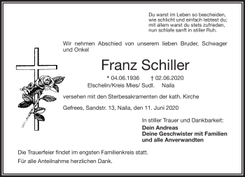 Traueranzeige von Franz Schiller von Frankenpost