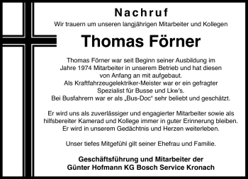Traueranzeige von Thomas Förner von Neue Presse Coburg